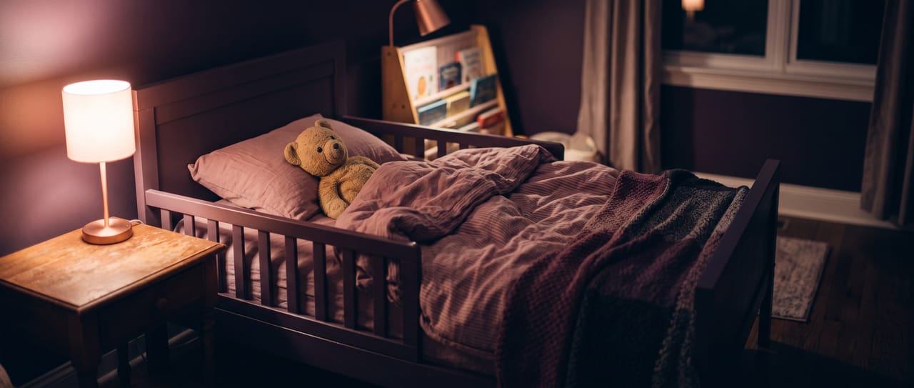 A toddler bed with soft rumpled bedding and a teddy bear beside a lamp-lit bedside table