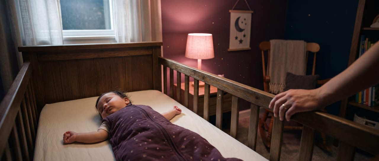 A baby asleep on their back in a wooden cot in a dim nursery, a parent's hand resting on the cot rail