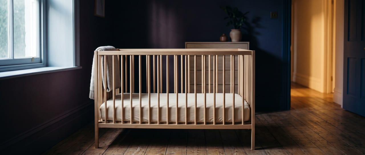 An empty wooden cot beside a window at dusk, warm light glowing from the hallway beyond