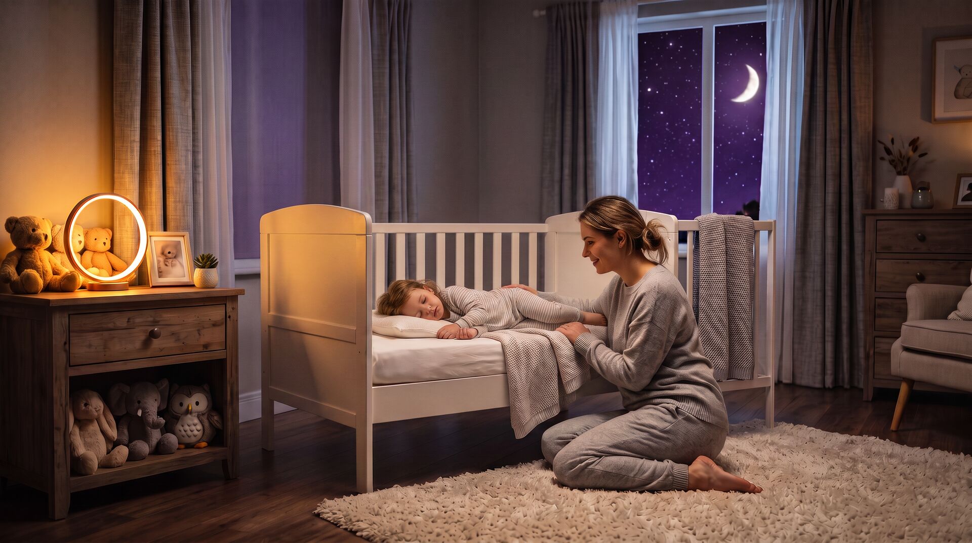 A parent gently settling their sleeping baby in a softly lit nursery at night